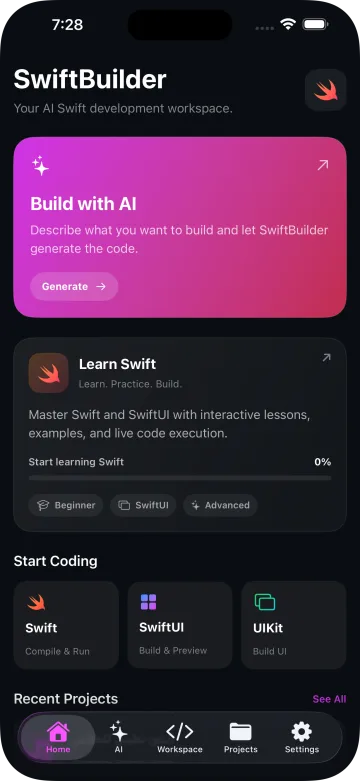 SwiftBuilder Home Screen — Build with AI, Learn Swift, Start Coding