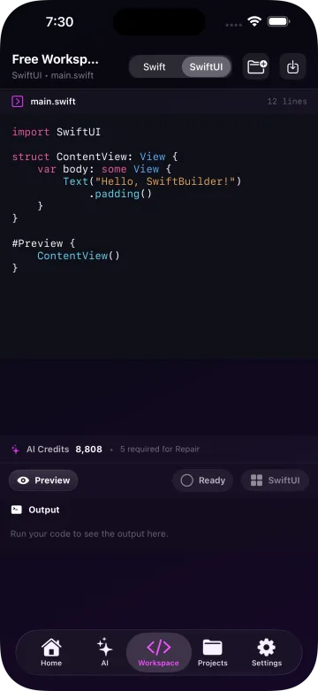 SwiftBuilder Workspace — SwiftUI code editor with AI Credits and Preview